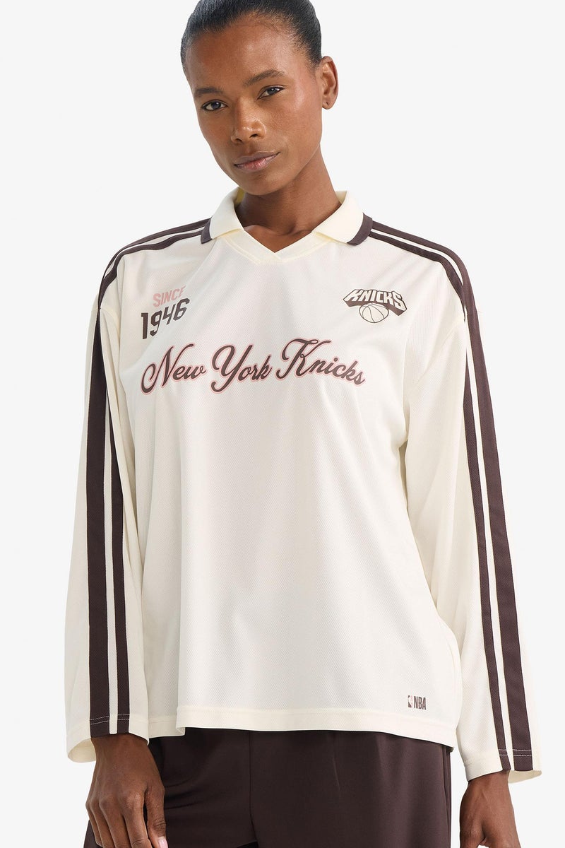 DeFacto Beige Woman NBA New York Knicks Oversize Tulle Long Sleeve Polo T-shirt Casual - Image 4